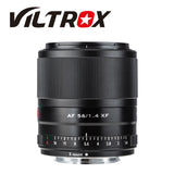 Black Viltrox 56mm F1.4 autofocus camera lens with AF markings and X-mount