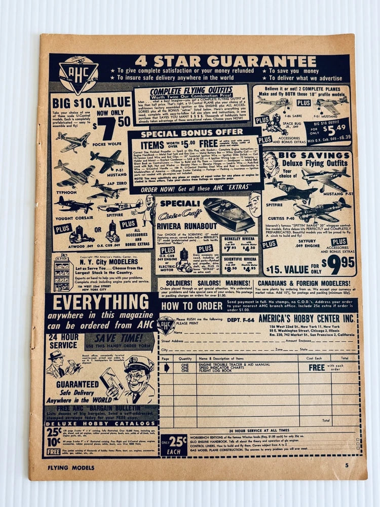 Vintage AHC hobby catalog print ad with aircraft and boats, order details and pricing