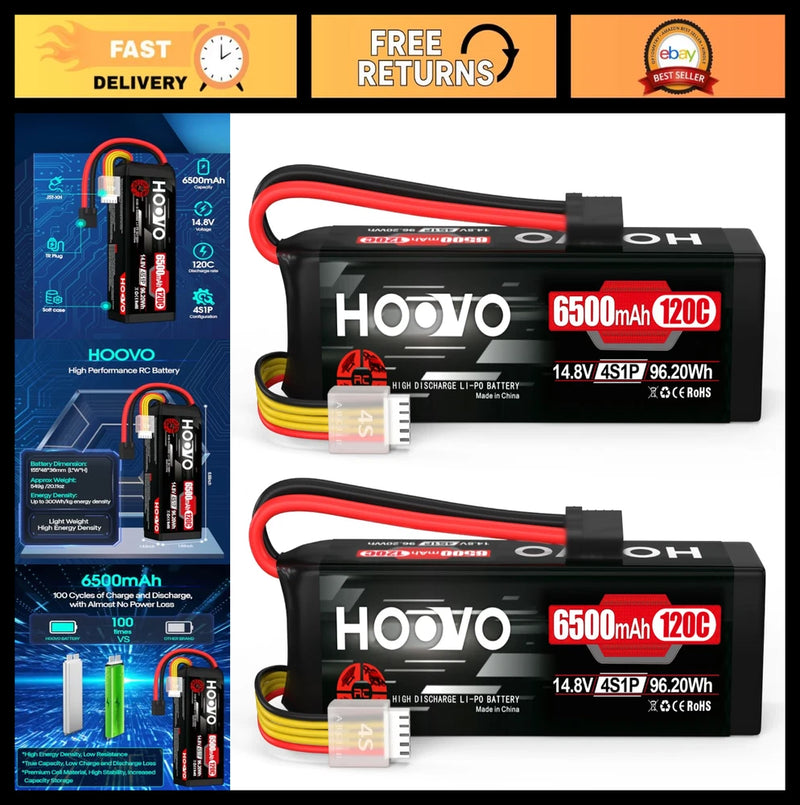 14.8V 6500mAh 120C Lipo Battery Pack for RC Cars, Trucks, Drones - 2 Packs