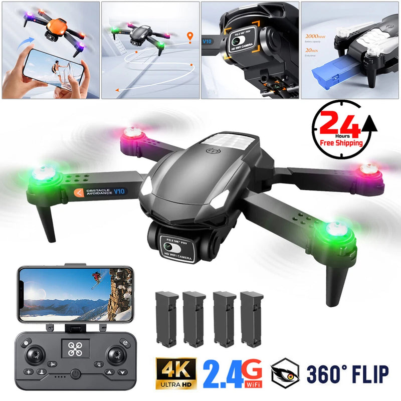 Gray foldable 4-rotor FPV drone with 4K dual camera, controller, and batteries