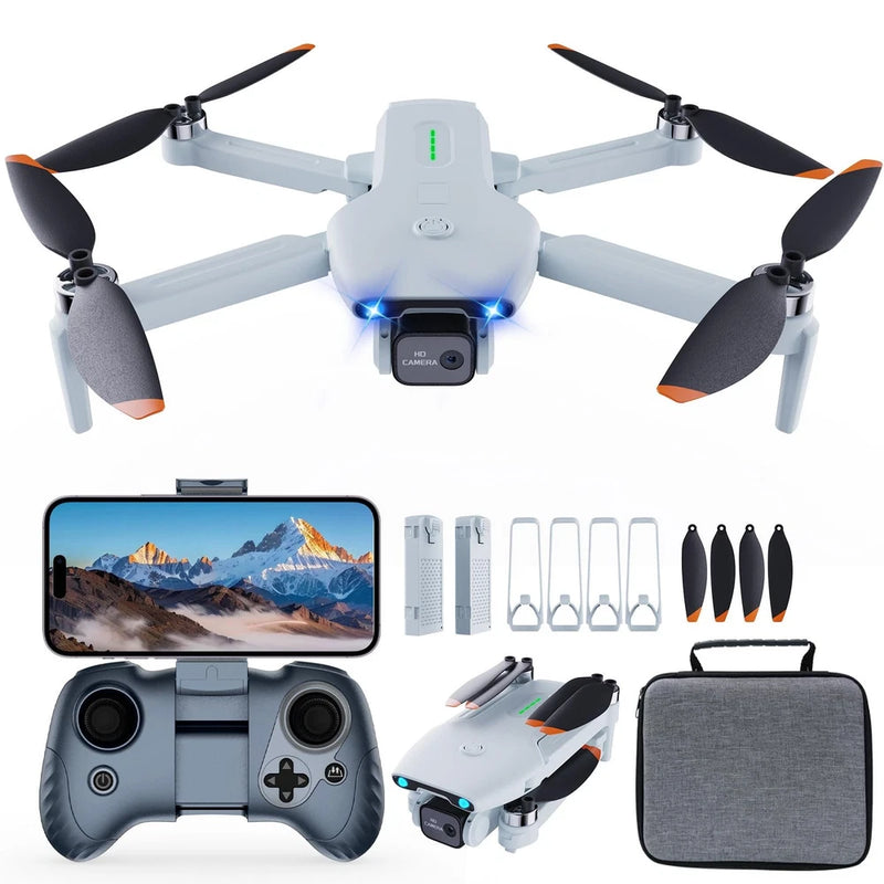 Sky blue drone with camera, remote controller, and propeller accessory set