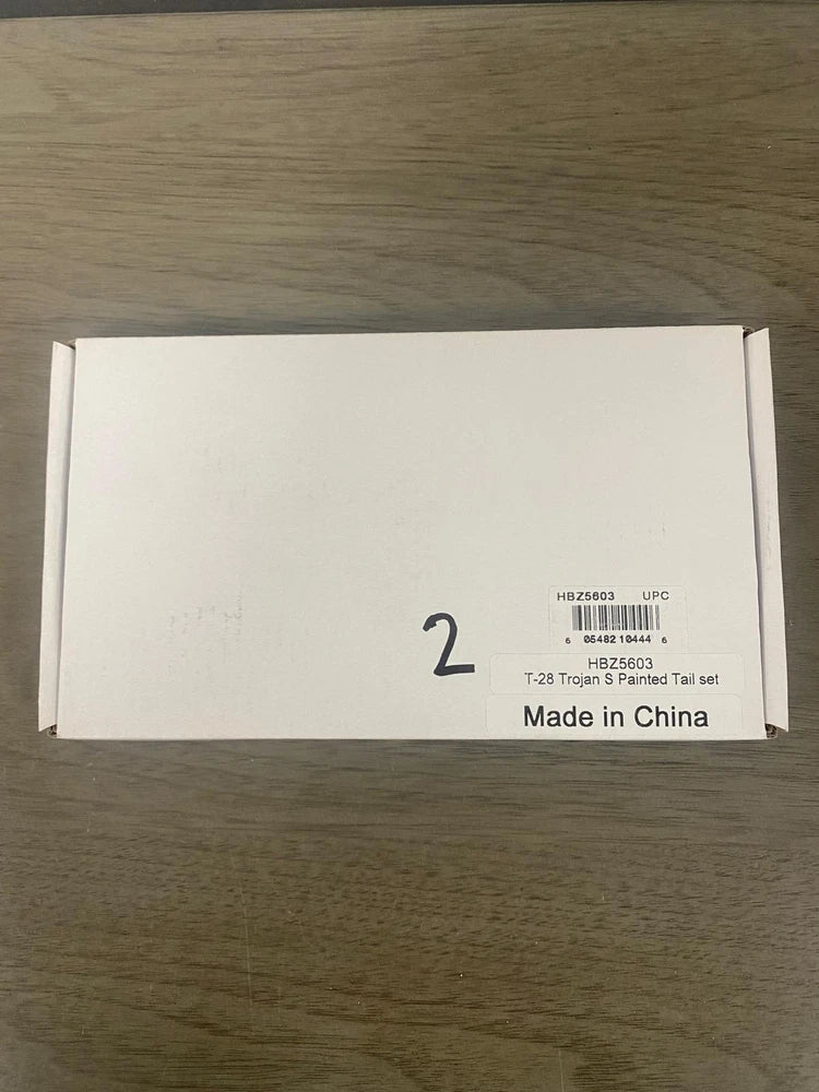 Trojan painted tail set retail box, white cardboard with label and part number