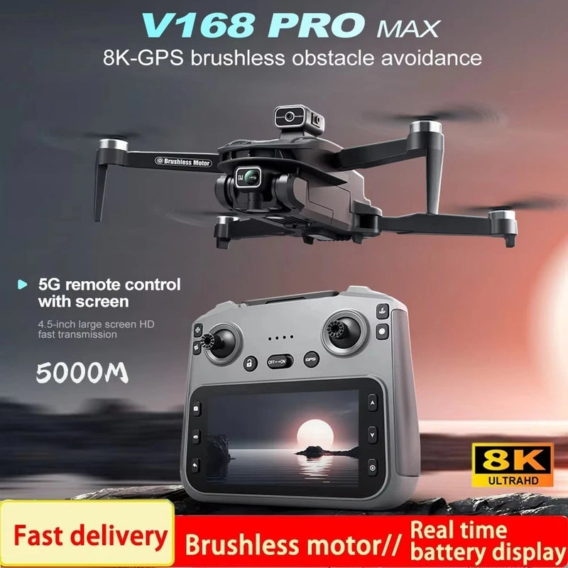 GPS quadcopter drone with 8K camera, plus gray remote controller with screen