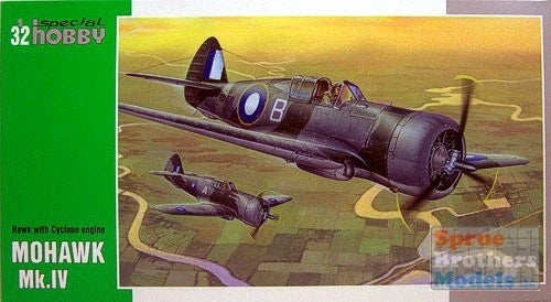 1:32 Special Hobby Mohawk Mk IV Hawk fighter model kit, box art with aircraft in flight