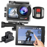 Black action camera with clear waterproof housing, touchscreen and wireless remote control.