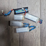 Silver LiPo RC battery pack with blue balance leads and red power connectors
