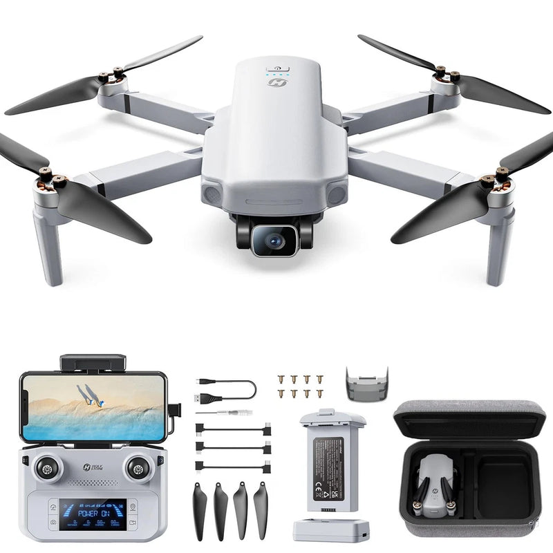 Foldable camera drone with four propellers, controller screen, battery and accessories