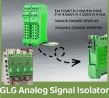 Green DIN-rail analog signal isolator with screw terminals and LED indicators