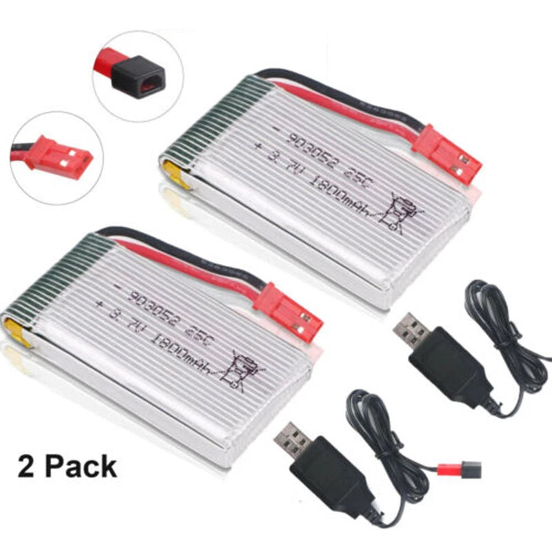 2Pcs 1800mah 3.7V Lipo Battery JST Plug w/ USB Charger for RC Quadcopter Drone