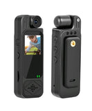 Black mini body camera with front screen and side control buttons