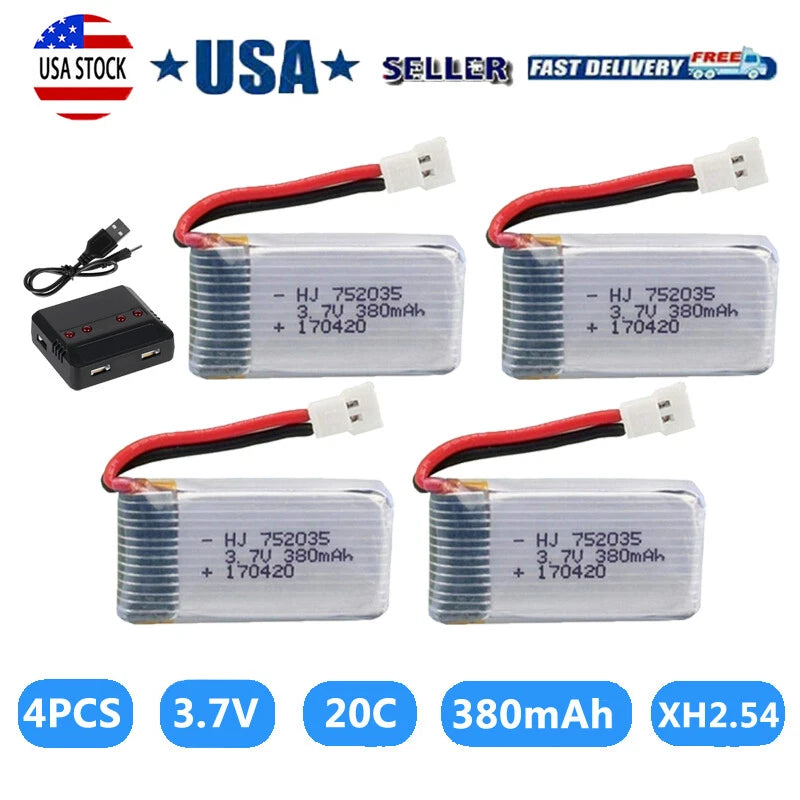 4PCS 3.7V 380mAh Battery for X4 H107,H107C,H107L, X11 X11C,HS170 HS170C F180C