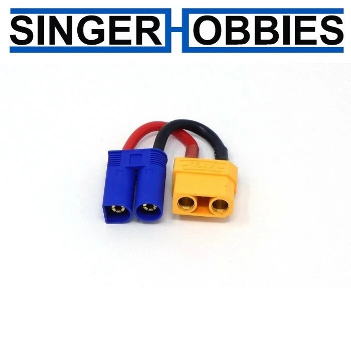 Wired battery adapter with XT90 female and EC5 male connectors, blue to gold.