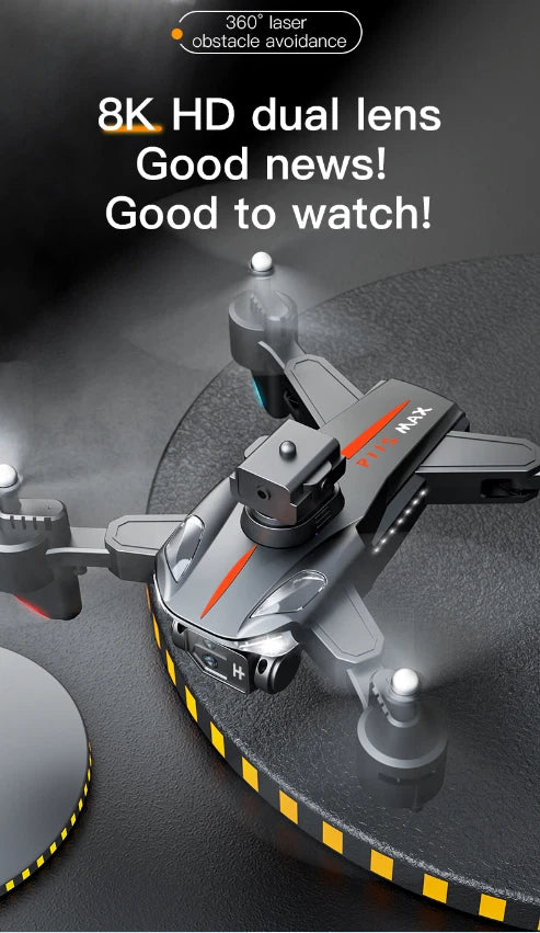 Gray quadcopter drone with front gimbal camera and four propellers, 360 obstacle avoidance sensor
