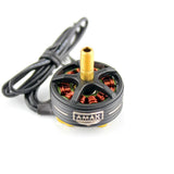 AMAX FPV racing drone motor with gold shaft, copper windings, and black wires