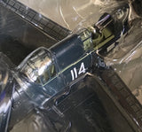 Blue WWII aircraft model with '114' side marking and clear canopy
