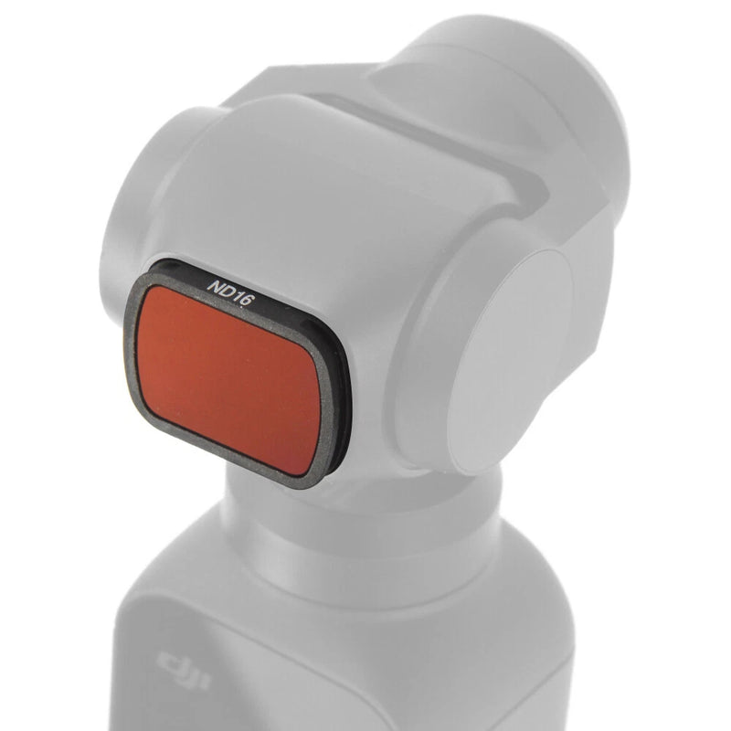 ND16 camera lens filter with red-tinted glass installed on compact gimbal camera