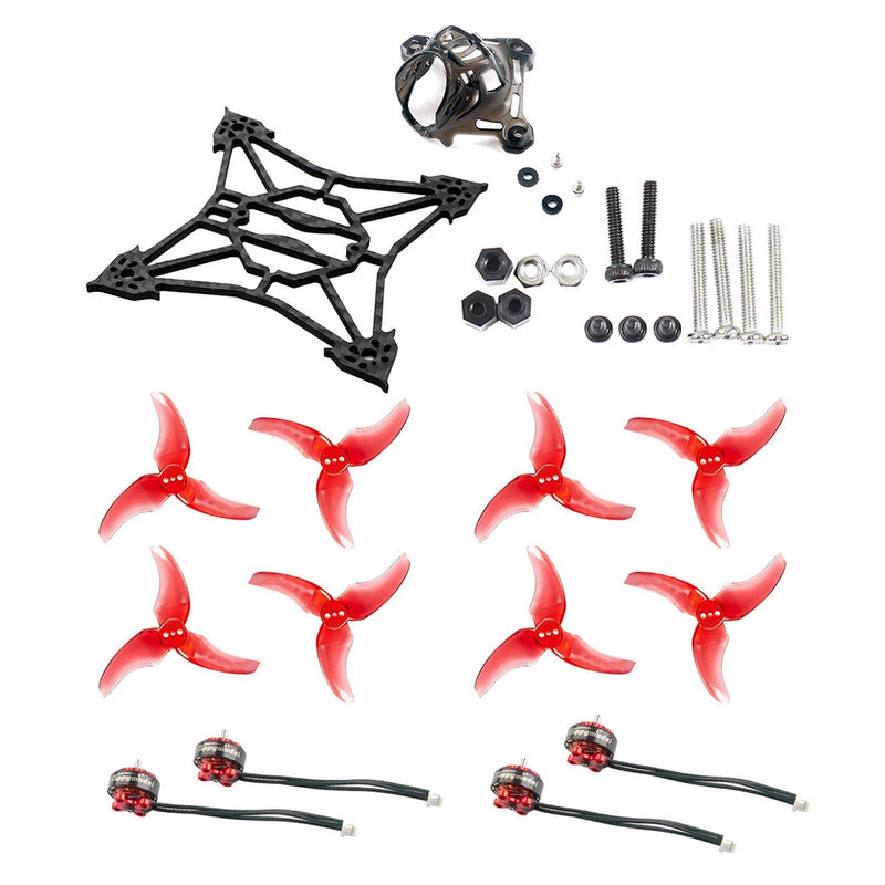 RC drone accessory kit with black frame parts, screws, nuts, red 2.5in props