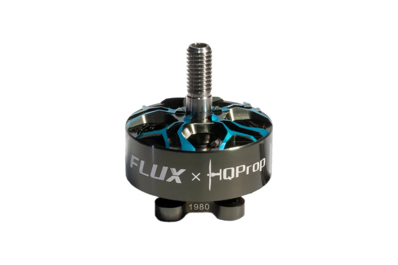 HQProp Flux brushless motor with prop-mount shaft, black and blue fan housing