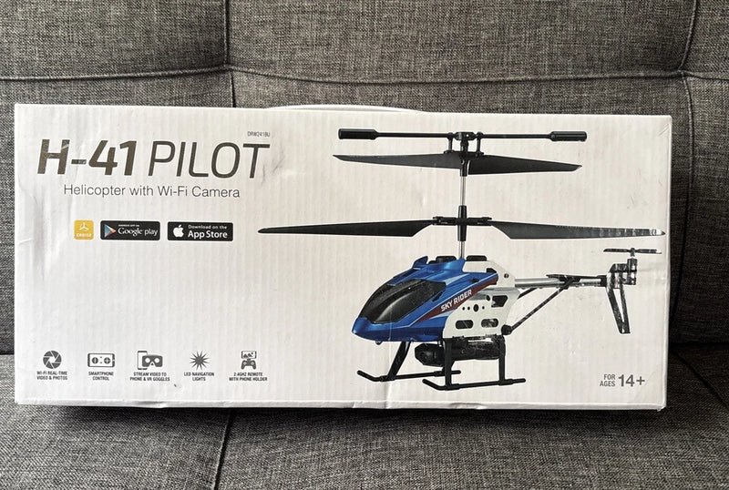 Helicopter drone with Wi‑Fi camera, blue model on product box