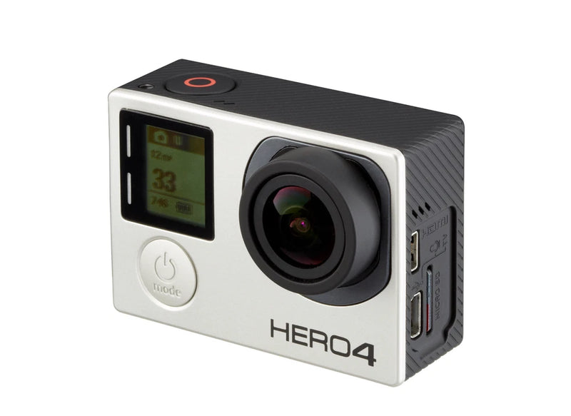 GoPro HERO4 silver action camera with front lens, display screen, side ports