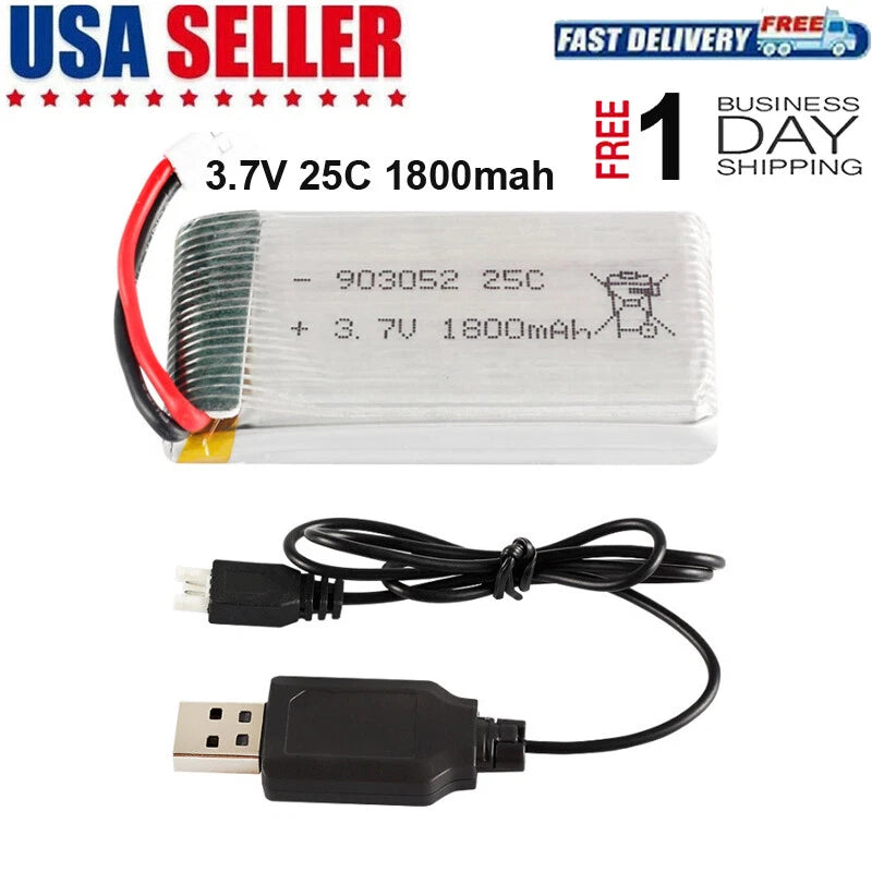 RC 3.7V LiPo battery pack with red/black leads and USB charger cable