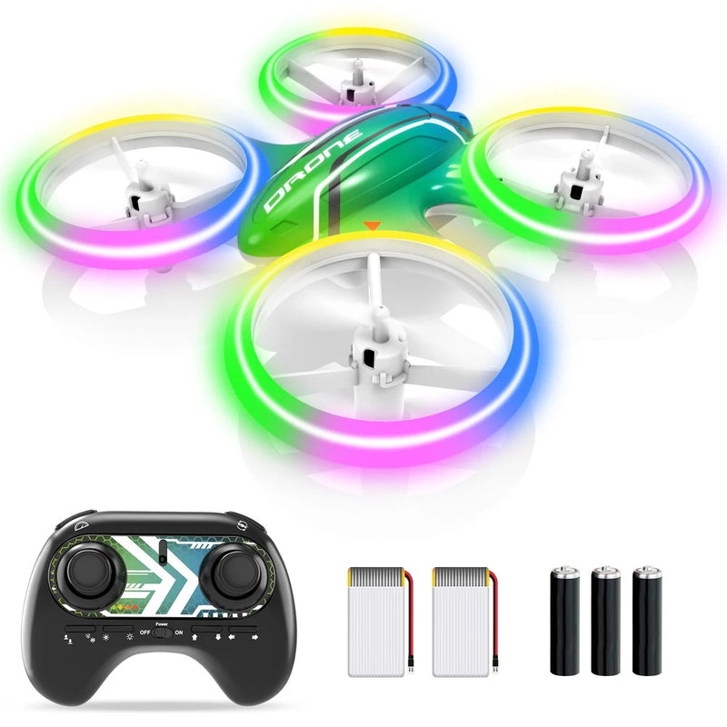 Green mini quadcopter RC drone with LED prop rings and included remote controller