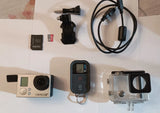GoPro HERO3+ Plus silver action cam with clear waterproof case and mounting accessories