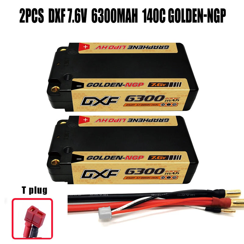 2x DXF 6300mAh 2S 7.6V 130C HardCase HV Shorty 1/8 Buggy GOLD NGP Lipo Battery