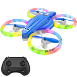 Mini LED drone with colorful light rings and blue body, shown with black handheld controller