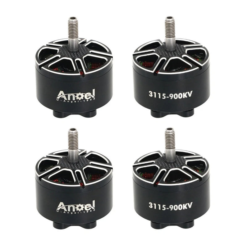 Set of four black RC brushless motors with silver shafts, labeled 3115-900KV.