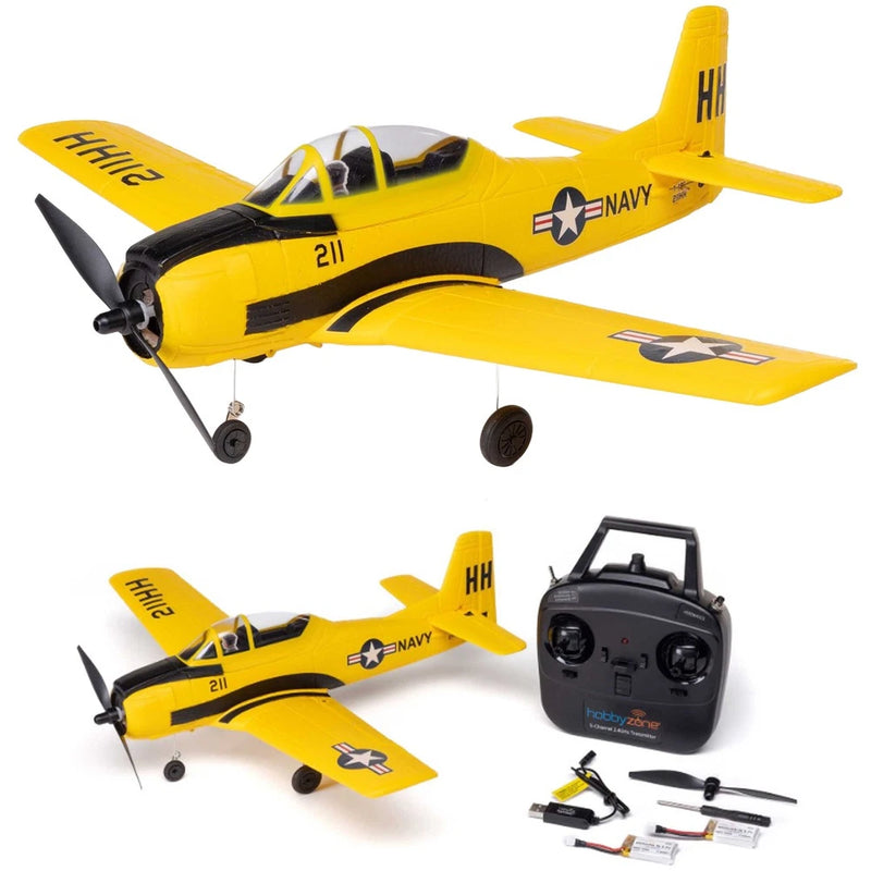 Yellow RC T-28 airplane with black stripes, propeller, navy markings and included controller
