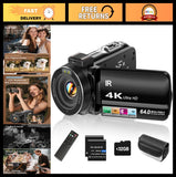4K UHD Video Camera Camcorder 64MP Vlogging with 18x Zoom, Night Vision, 32GB Ca