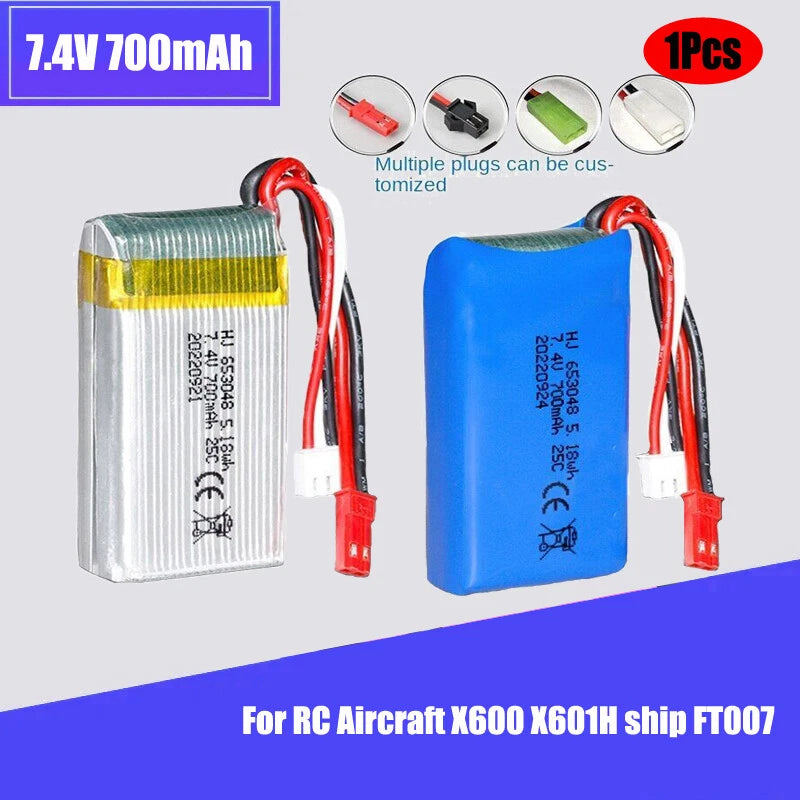 1Pcs 7.4V 700mAh 25C Li-po Battery 653048 for RC Aircraft X600 X601H ship FT007