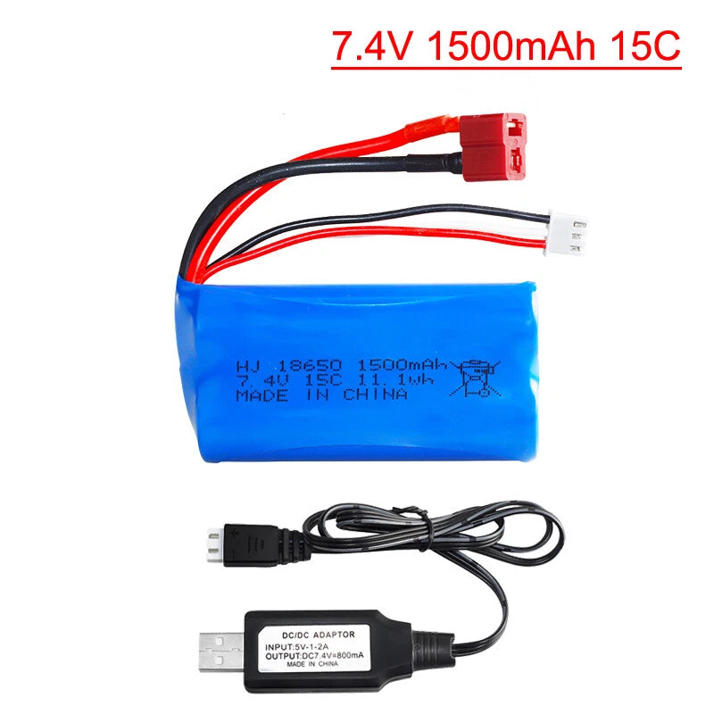 7.4V 1500mAh LiPo battery pack with red/black lead and USB charger