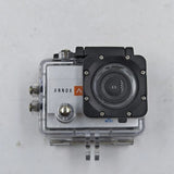 Action camera in clear waterproof case with black front lens and mounting bracket