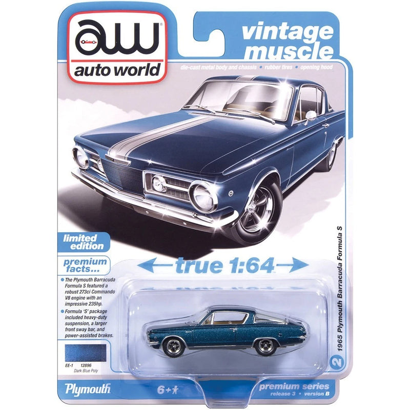 1965 Plymouth Barracuda Formula S - Blue 1:64 Scale Model - Auto World AWSP207B