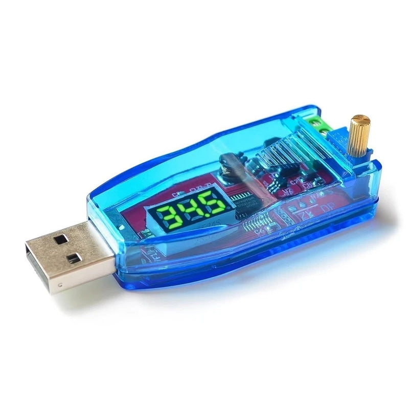 Blue USB DC-DC step-down power module with LED voltage display and adjust knob
