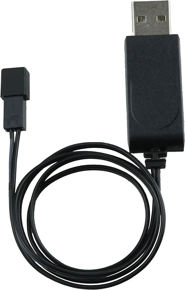 Black USB charger cable with USB-A plug and inline adapter for drone battery