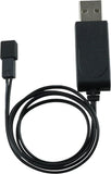 Black USB charger cable with USB-A plug and inline adapter for drone battery