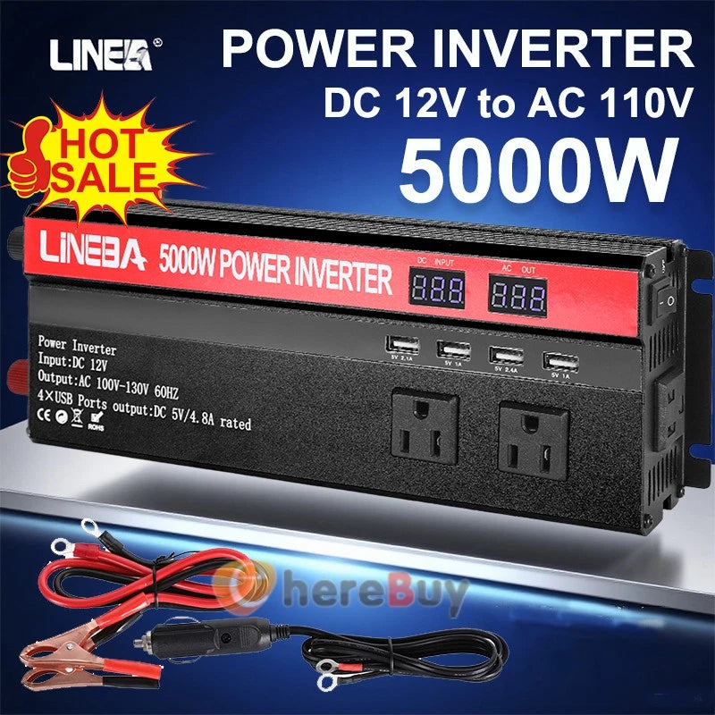 5000W Solar Converter Car Power Inverter DC 12V To AC 110V LCD Sine Wave Home RV