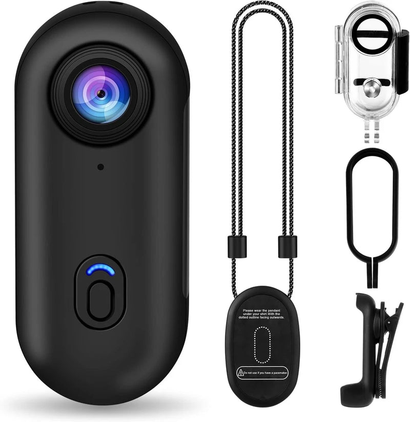 Black thumb action camera with lens, lanyard, clip mount, and key accessory