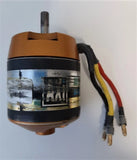 Brushless outrunner motor with brown housing and three color-coded wire leads