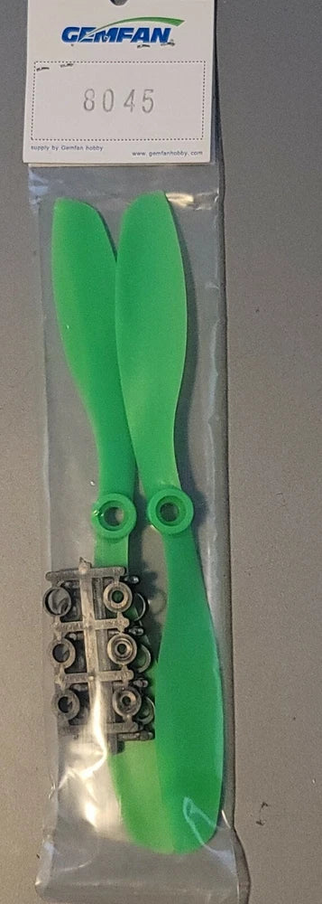 Gemfan 8045 ABS dual-blade propellers in green with mounting hardware