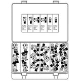 Battery terminal assortment kit in open case with assorted connectors and clamps