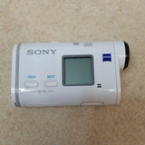White Sony action camera camcorder with LCD screen and Zeiss lens mark