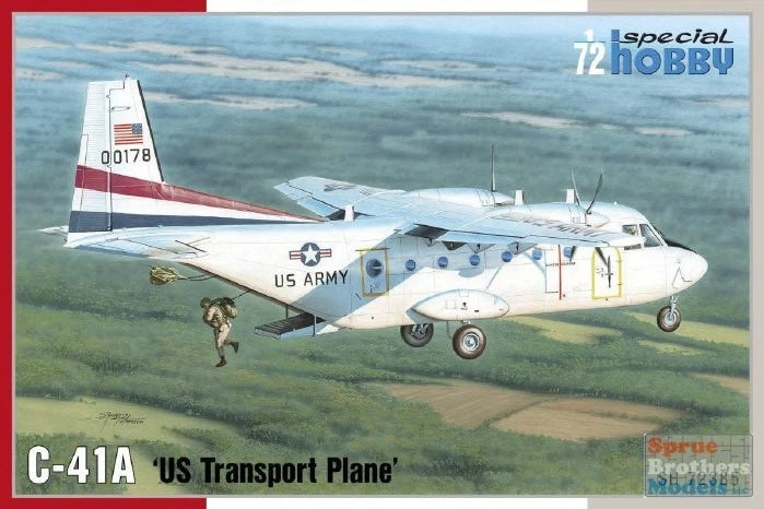 1:72 C-41A transport plane model kit, US Army aircraft on box art, white and gray