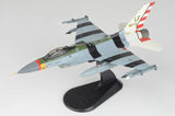 1/72 F-16C fighter jet model on black display base, gray camouflage with red tail stripes