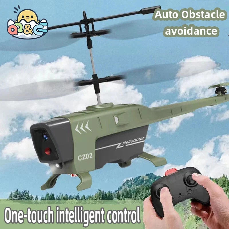 RC obstacle-avoidance helicopter drone with handheld remote controller, gray-green body