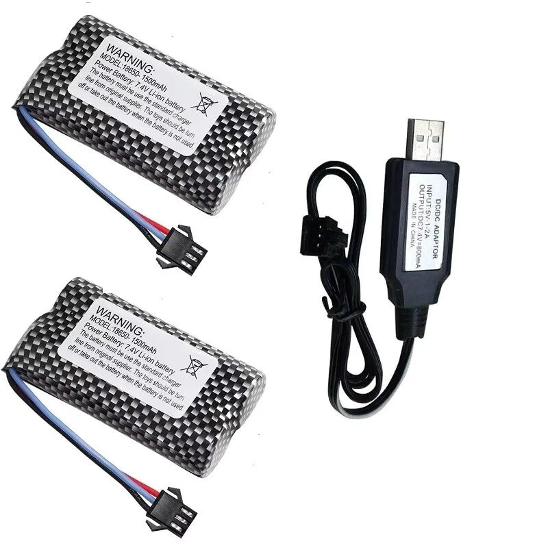 2PCS 7.4V 1500mAh SM-3P Plug Li-po Battery with USB Charging Cable for DE43 DE60