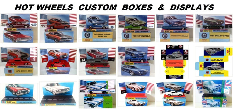 Hot Wheels 1:64 custom display boxes with die-cast toy cars, assorted designs